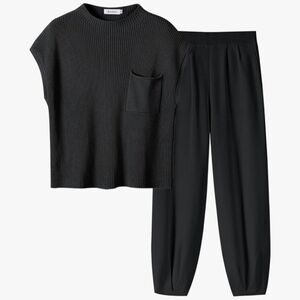 ANRABESS Women Two Piece Outfits Summer Sweater Vest Crop Top Pants Lounge Match